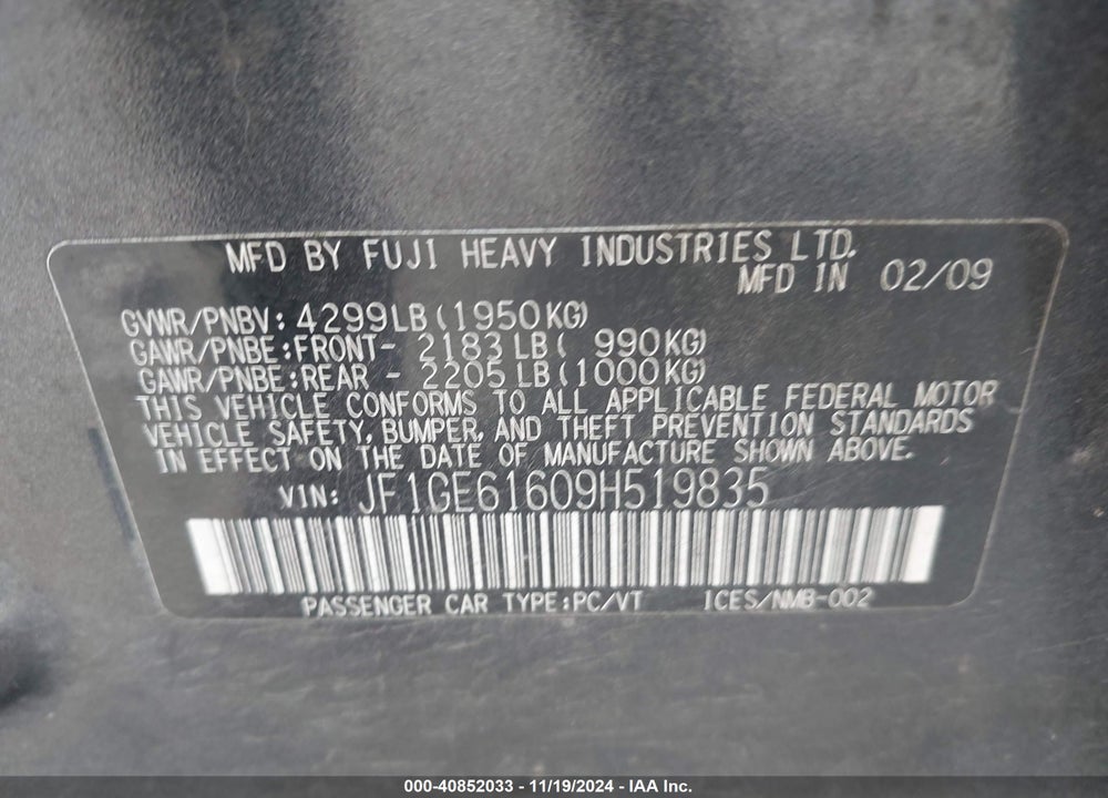 2009 SUBARU IMPREZA 2.5I VIN: JF1GE61609H519835