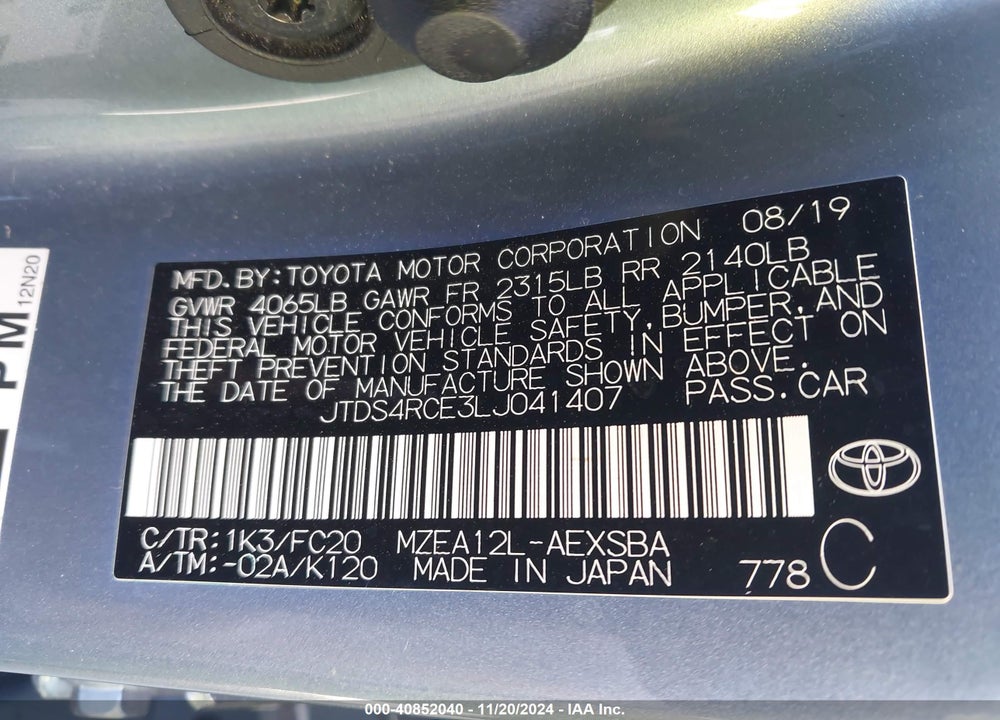 2020 TOYOTA COROLLA VIN: JTDS4RCE3LJ041407