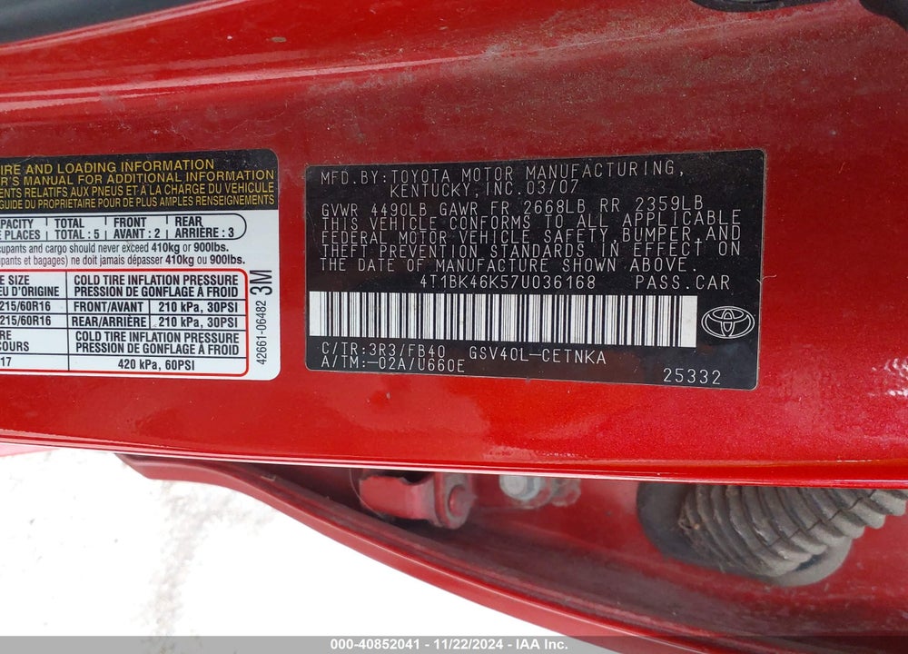 2007 TOYOTA CAMRY LE V6 VIN: 4T1BK46K57U036168