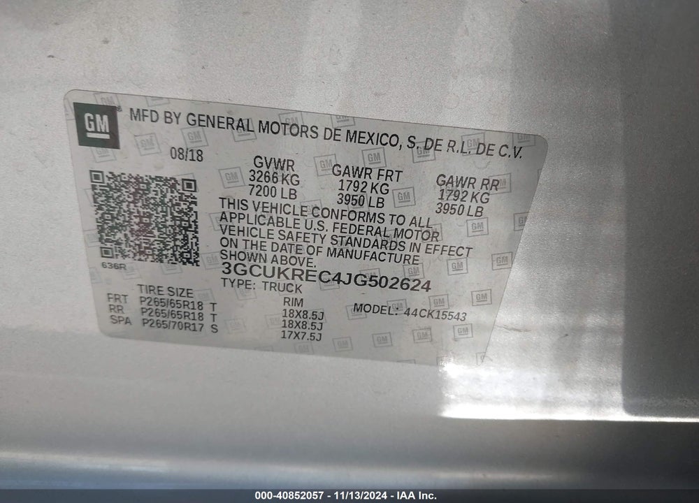 2018 CHEVROLET SILVERADO 1500 2LT VIN: 3GCUKREC4JG502624