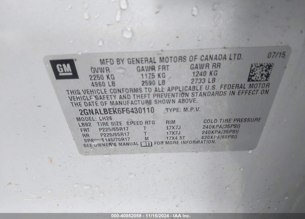 2015 CHEVROLET EQUINOX 1LT VIN: 2GNALBEK6F6430110
