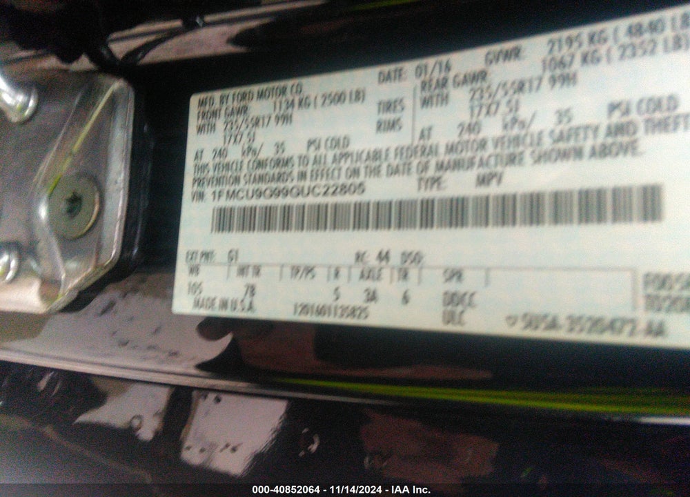 2016 FORD ESCAPE SE VIN: 1FMCU9G99GUC22805