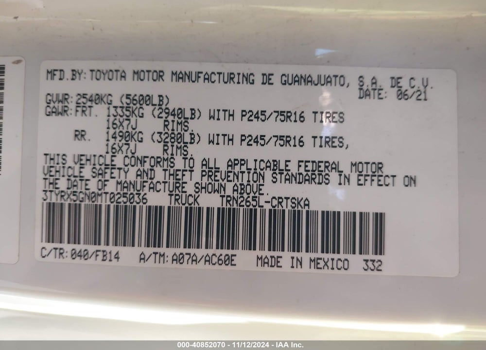 2021 TOYOTA TACOMA SR VIN: 3TYRX5GN0MT025036