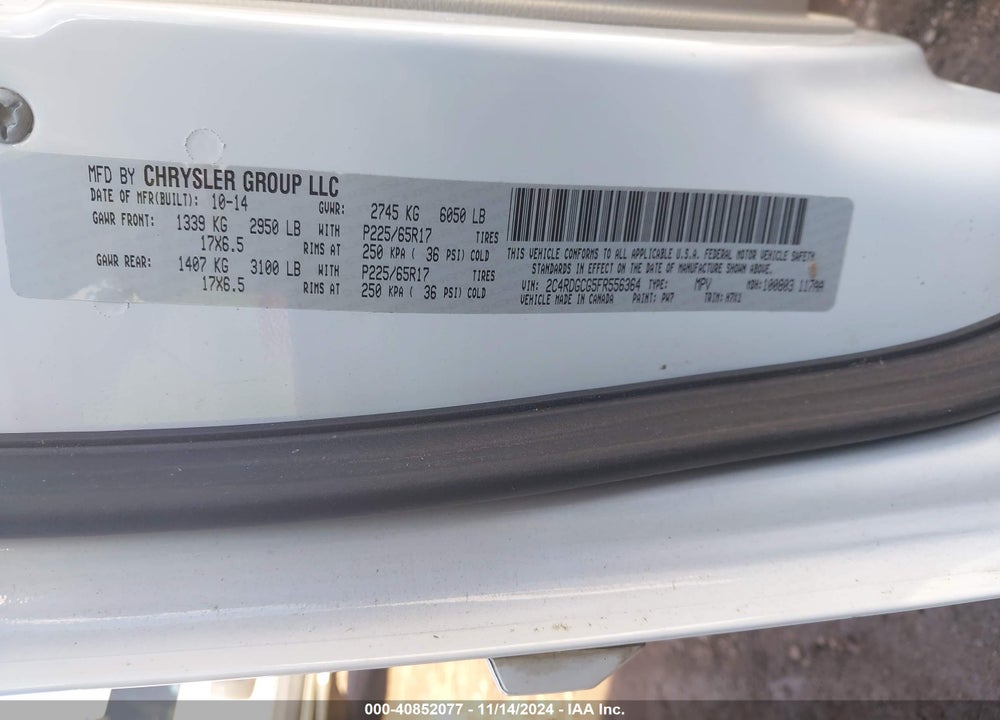 2015 DODGE GRAND CARAVAN SXT VIN: 2C4RDGCG5FR556364