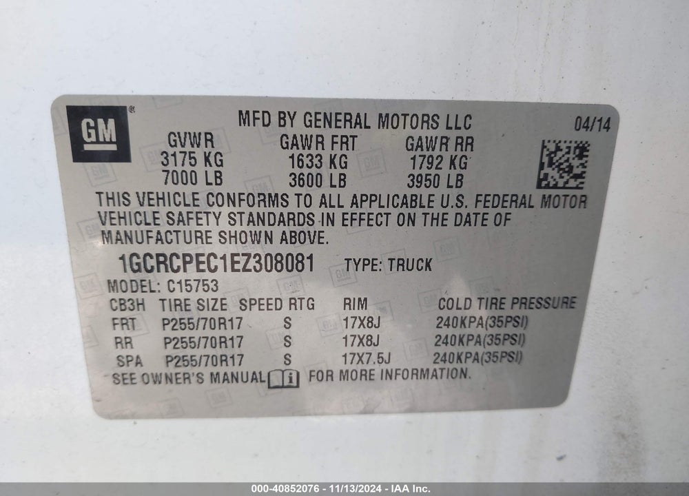 2014 CHEVROLET SILVERADO 1500 WORK TRUCK 1WT VIN: 1GCRCPEC1EZ308081