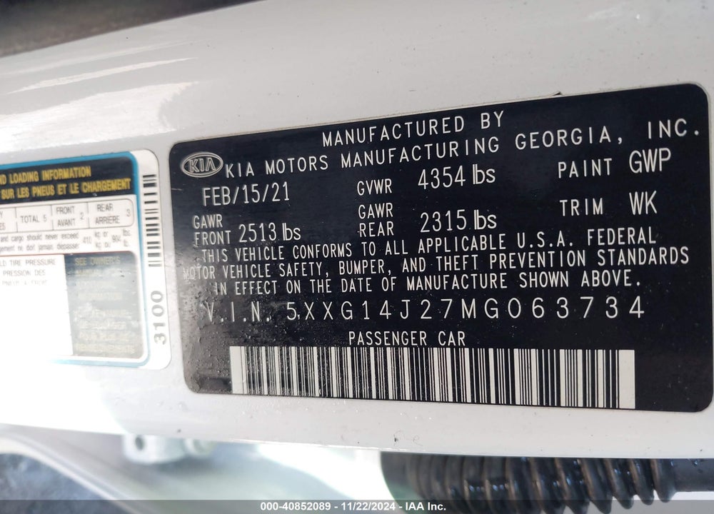 2021 KIA K5 LXS VIN: 5XXG14J27MG063734