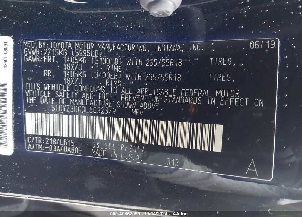 2020 TOYOTA SIENNA LIMITED PREMIUM VIN: 5TDYZ3DC0LS032379