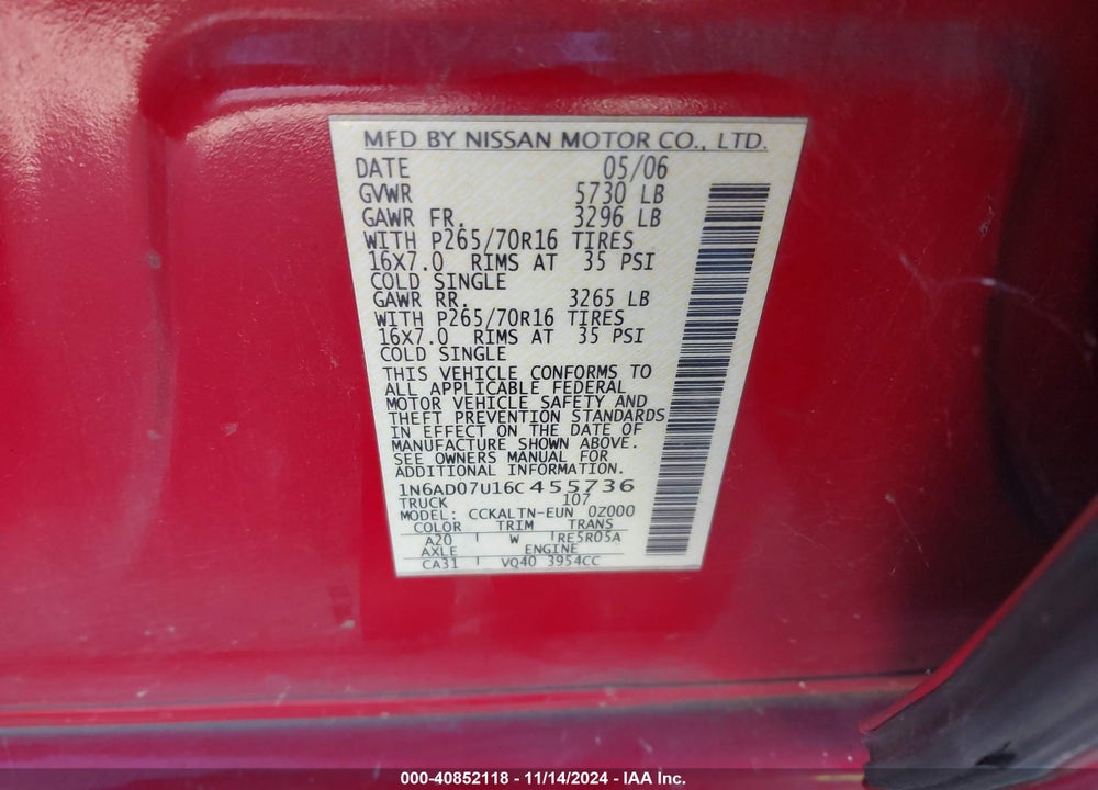 2006 NISSAN FRONTIER SE VIN: 1N6AD07U16C455736