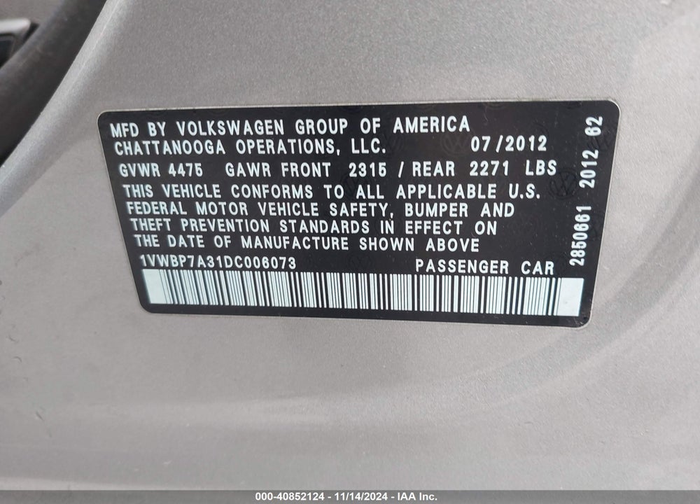 2013 VOLKSWAGEN PASSAT 2.5L SE VIN: 1VWBP7A31DC006073