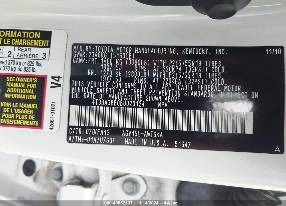 2011 TOYOTA VENZA VIN: 4T3BA3BB0BU020124