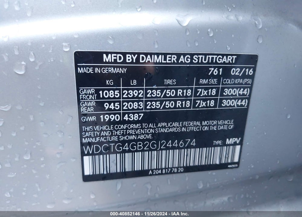 2016 MERCEDES-BENZ GLA 250 4MATIC VIN: WDCTG4GB2GJ244674
