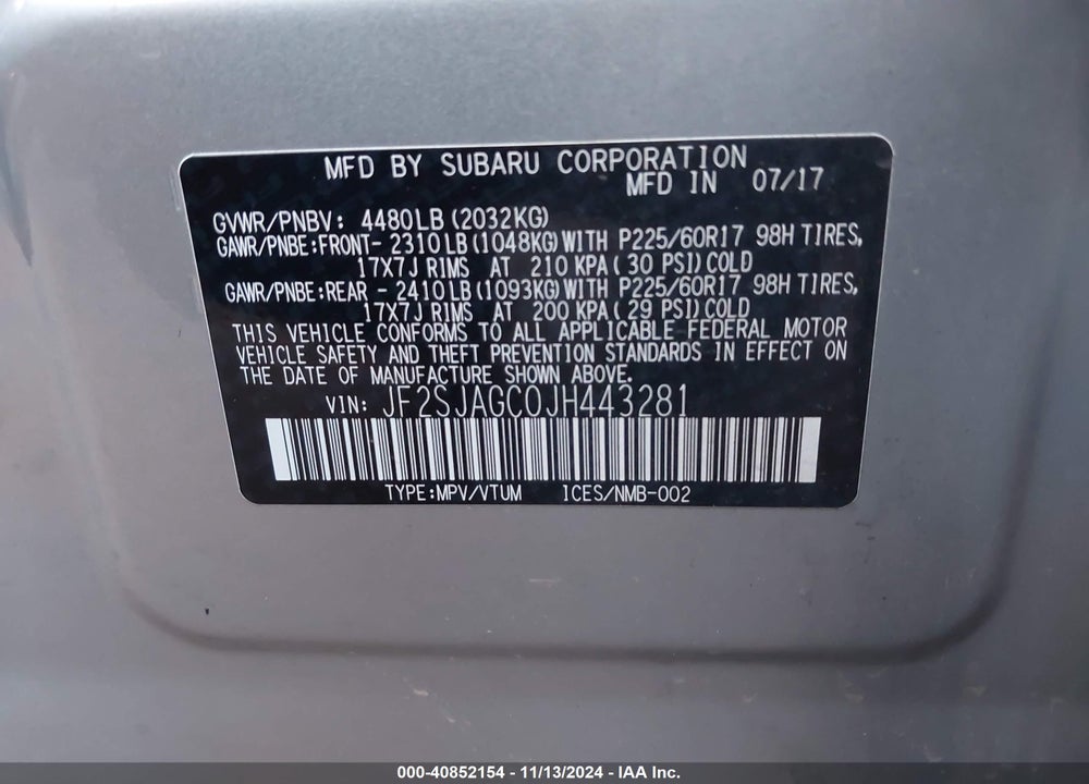2018 SUBARU FORESTER 2.5I PREMIUM VIN: JF2SJAGC0JH443281