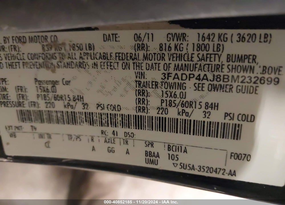 2011 FORD FIESTA S VIN: 3FADP4AJ8BM232699