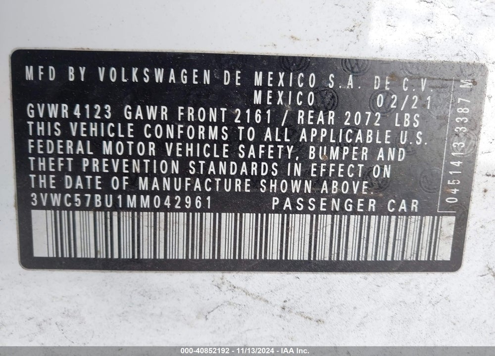 2021 VOLKSWAGEN JETTA 1.4T R-LINE/1.4T S/1.4T SE VIN: 3VWC57BU1MM042961