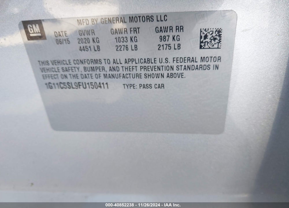 2015 CHEVROLET MALIBU 1LT VIN: 1G11C5SL9FU150411