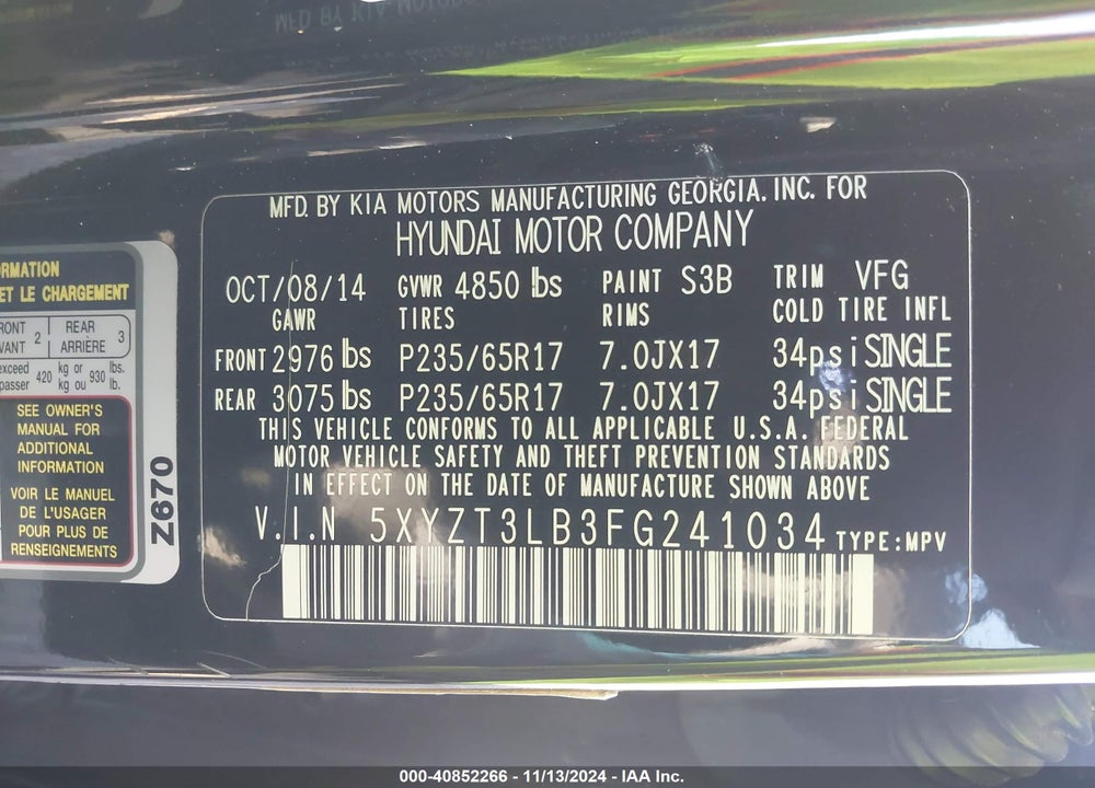 2015 HYUNDAI SANTA FE SPORT 2.4L VIN: 5XYZT3LB3FG241034