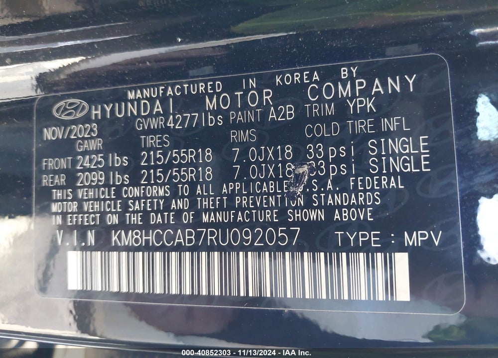 2024 HYUNDAI KONA SEL VIN: KM8HCCAB7RU092057