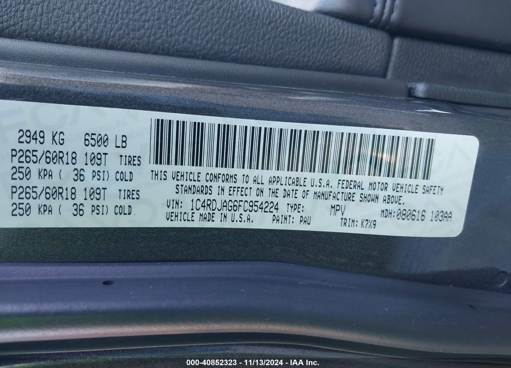 2015 DODGE DURANGO SXT VIN: 1C4RDJAG6FC954224