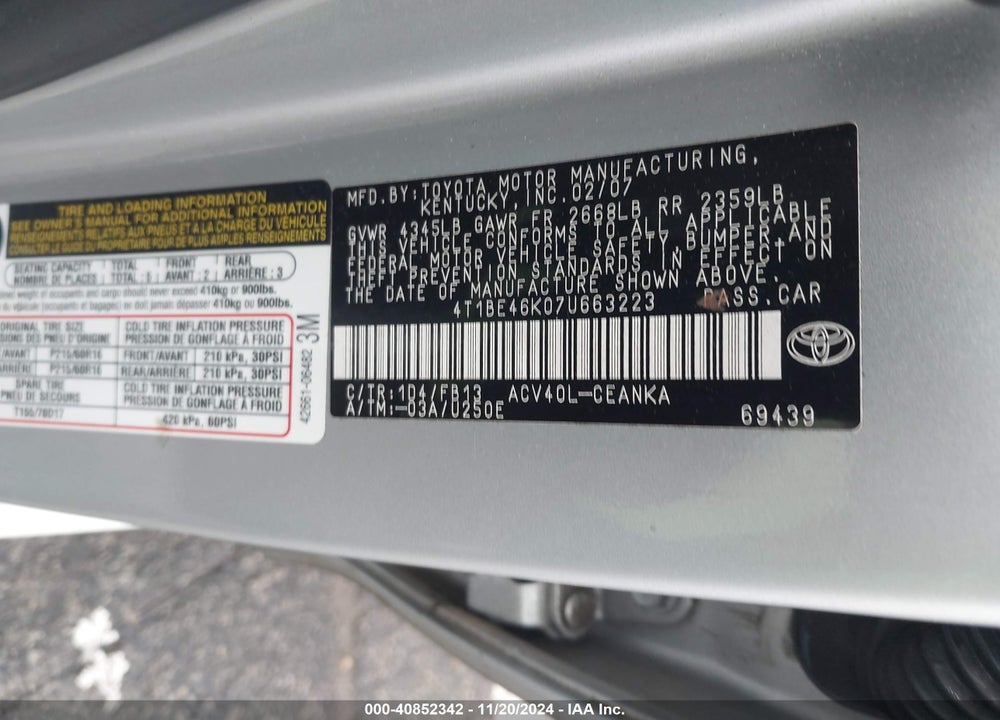 2007 TOYOTA CAMRY LE VIN: 4T1BE46K07U663223