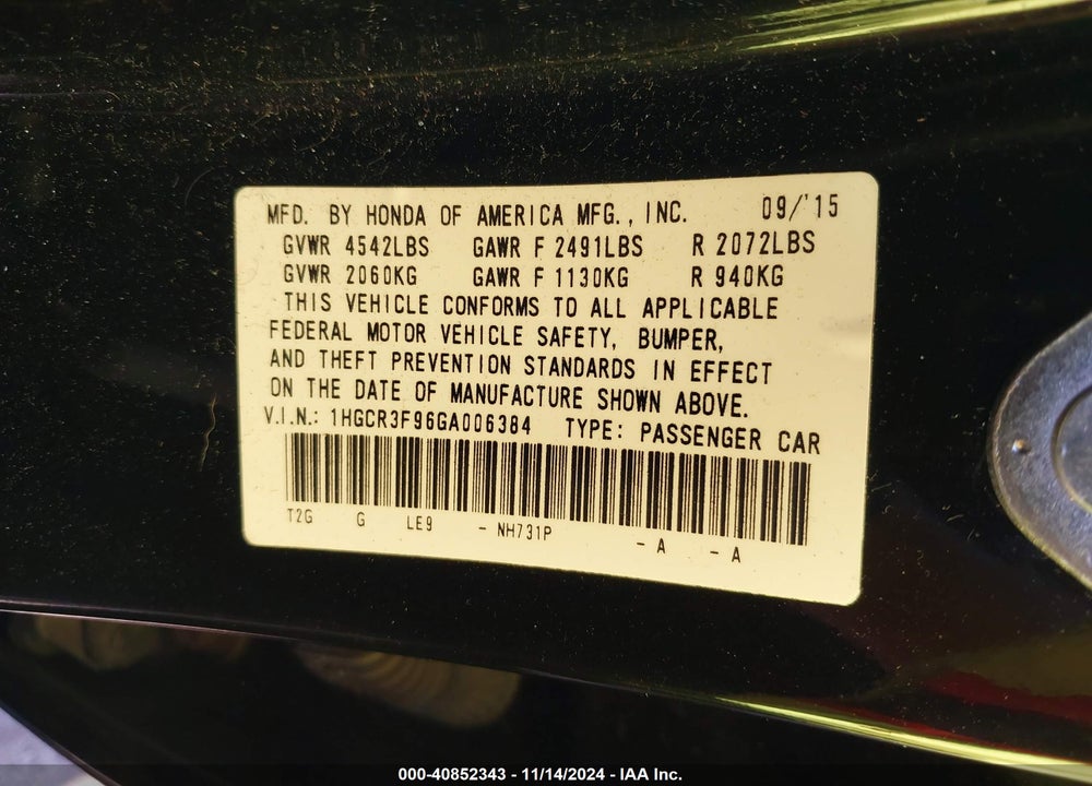 2016 HONDA ACCORD VIN: 1HGCR3F96GA006384