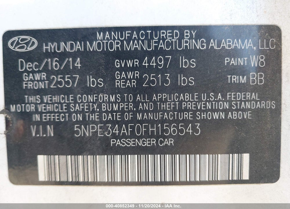 2015 HYUNDAI SONATA SPORT VIN: 5NPE34AF0FH156543