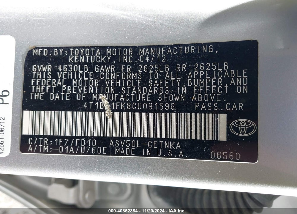 2012 TOYOTA CAMRY LE VIN: 4T1BF1FK8CU091596