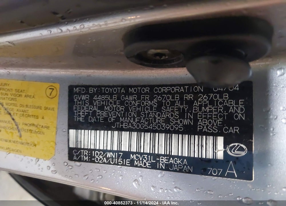2004 LEXUS ES 330 BASE (A5) VIN: JTHBA30G545039095