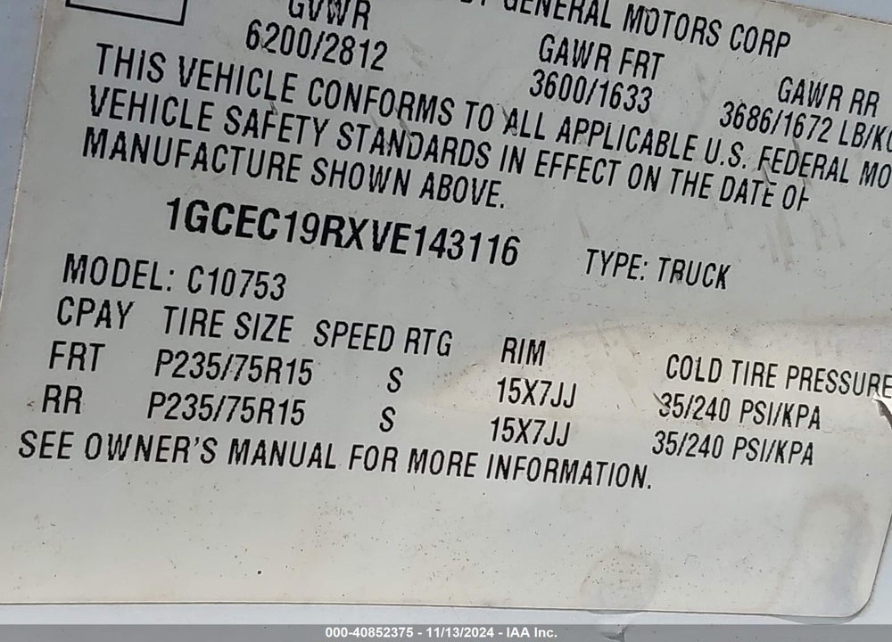 1997 CHEVROLET C1500 FLEETSIDE VIN: 1GCEC19RXVE143116