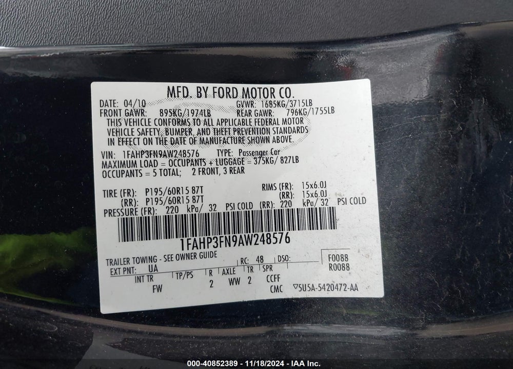 2010 FORD FOCUS SE VIN: 1FAHP3FN9AW248576