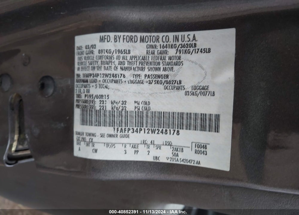 2002 FORD FOCUS SE VIN: 1FAFP34P12W248178