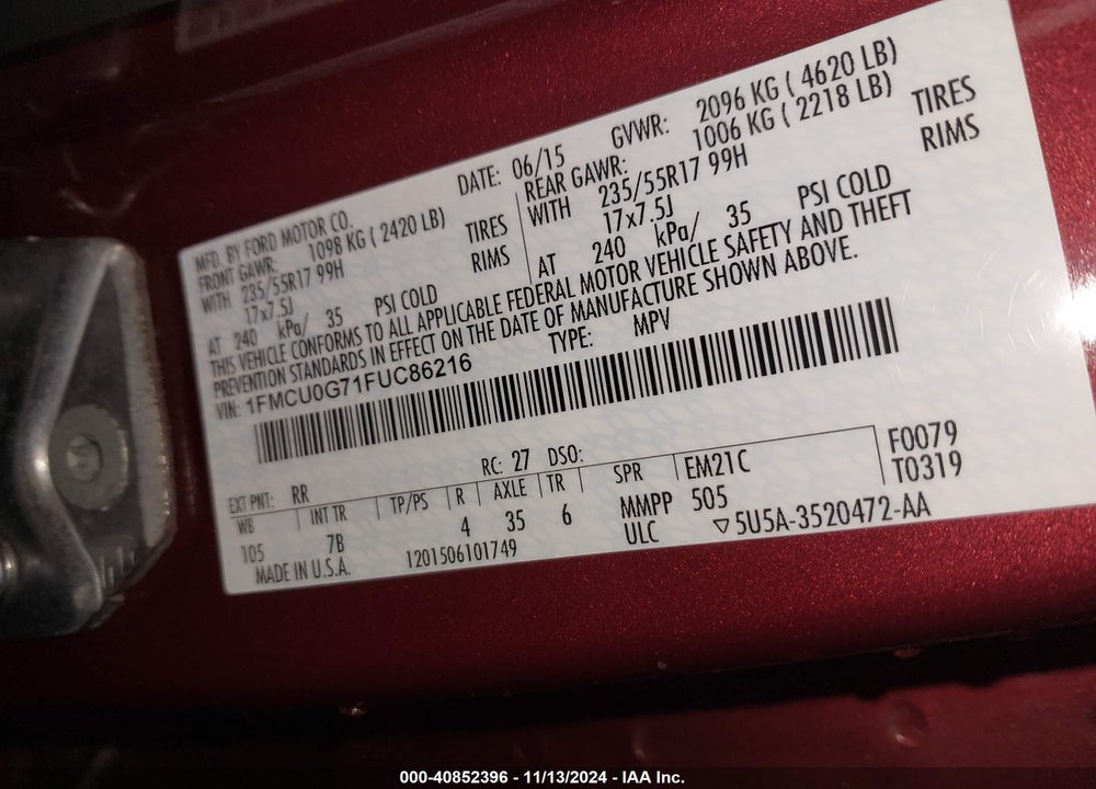 2015 FORD ESCAPE SE VIN: 1FMCU0G71FUC86216