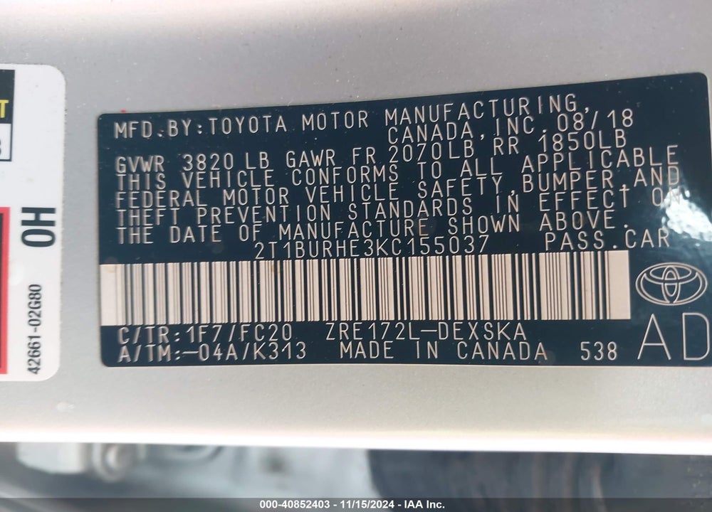 2019 TOYOTA COROLLA SE VIN: 2T1BURHE3KC155037