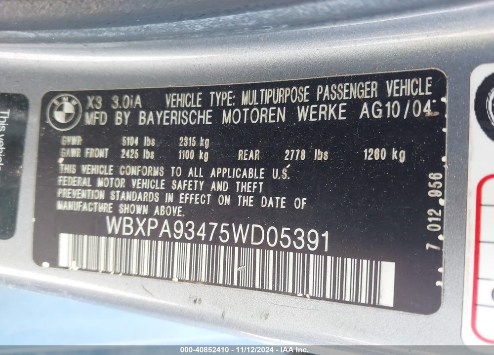 2005 BMW X3 3.0I VIN: WBXPA93475WD05391