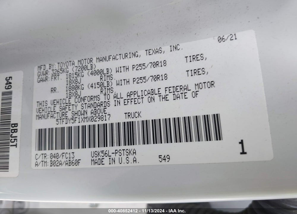 2021 TOYOTA TUNDRA SR5 VIN: 5TFDY5F1XMX029817