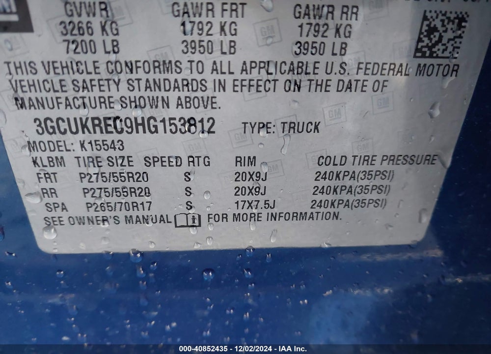 2017 CHEVROLET SILVERADO 1500 2LT VIN: 3GCUKREC9HG153812