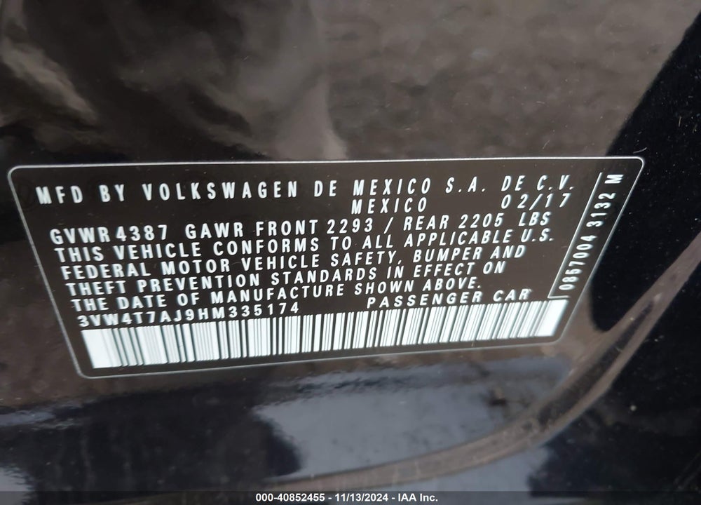 2017 VOLKSWAGEN JETTA GLI VIN: 3VW4T7AJ9HM335174