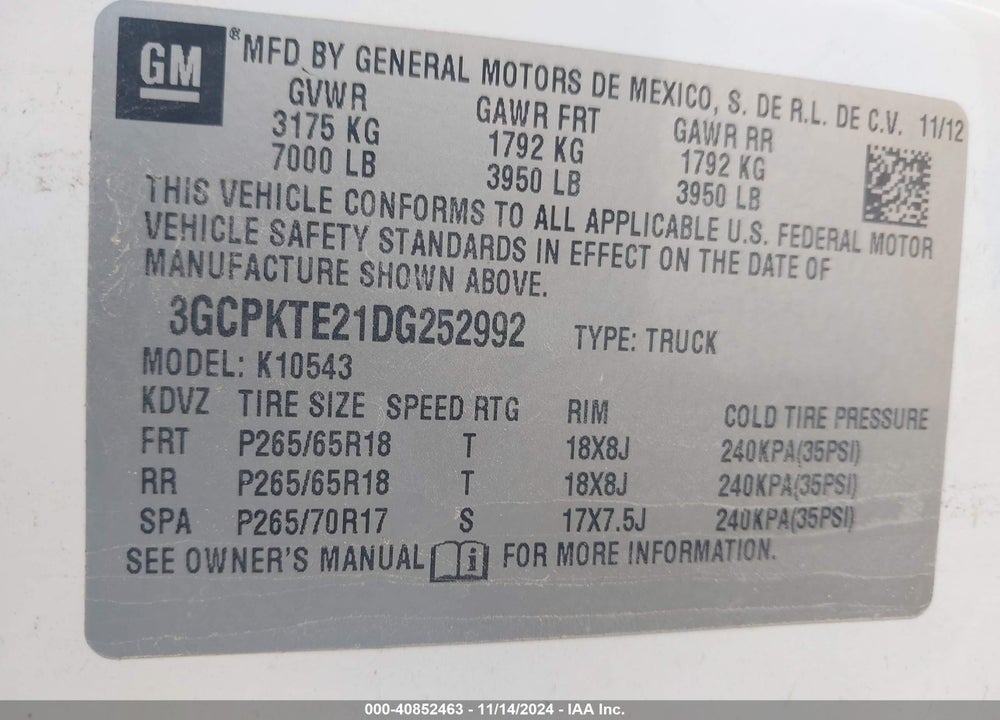 2013 CHEVROLET SILVERADO 1500 LTZ VIN: 3GCPKTE21DG252992