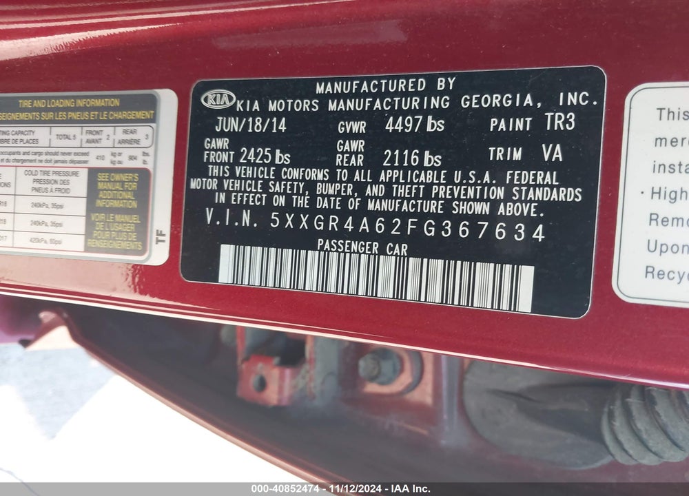 2015 KIA OPTIMA SX TURBO VIN: 5XXGR4A62FG367634