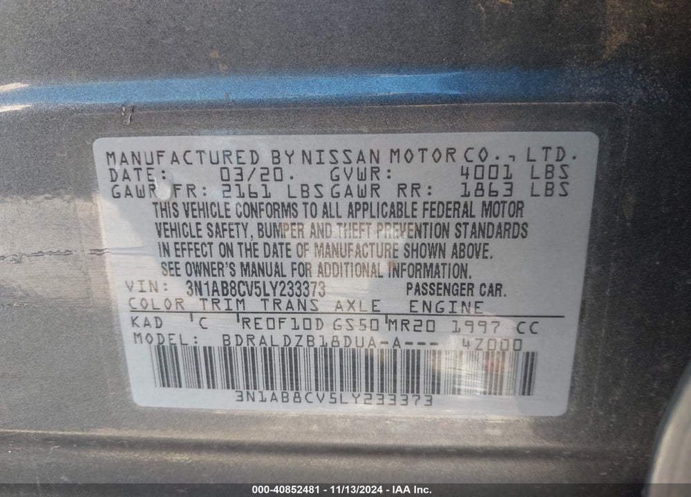 2020 NISSAN SENTRA VIN: 3N1AB8CV5LY233373