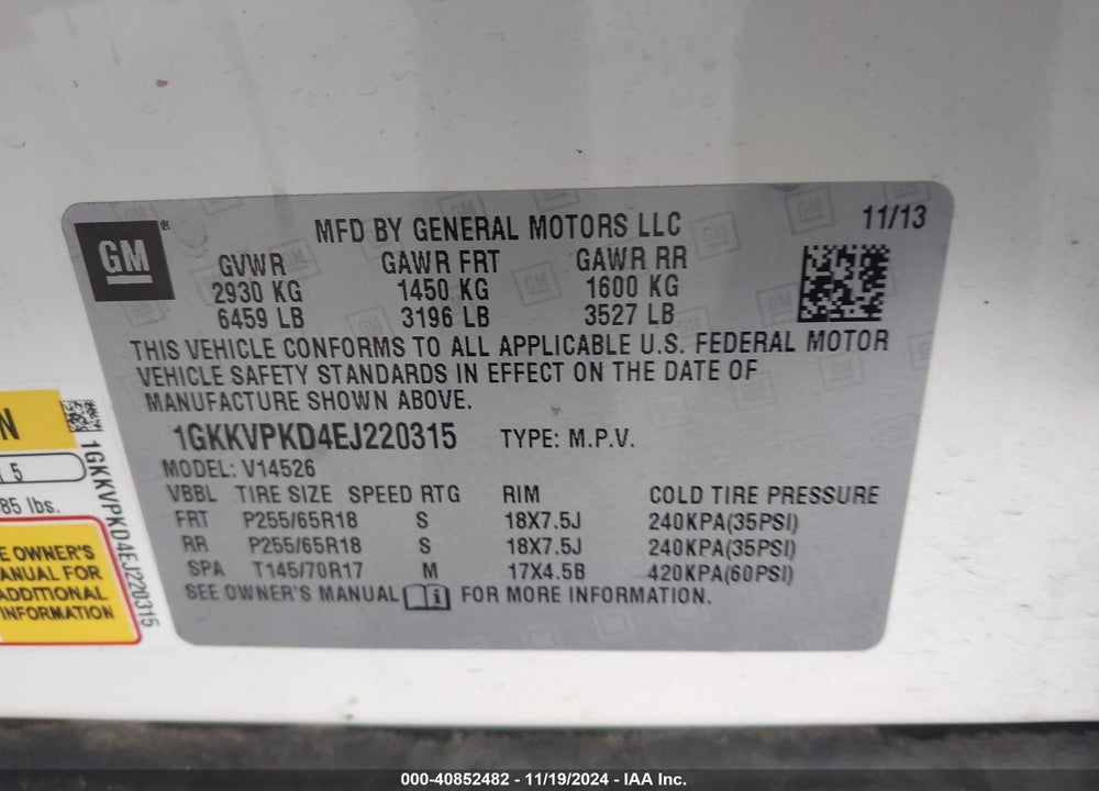 2014 GMC ACADIA SLE-2 VIN: 1GKKVPKD4EJ220315