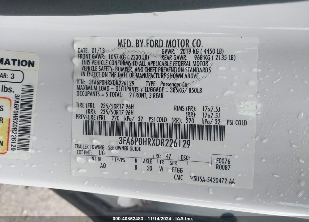 2013 FORD FUSION SE VIN: 3FA6P0HRXDR226129