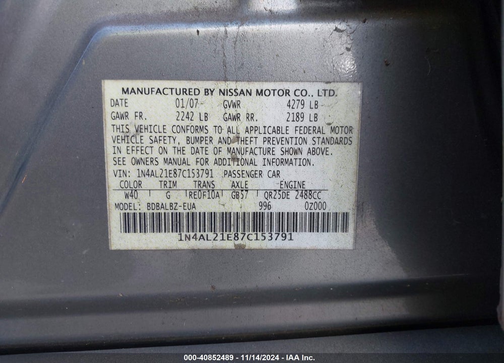 2007 NISSAN ALTIMA 2.5 S VIN: 1N4AL21E87C153791