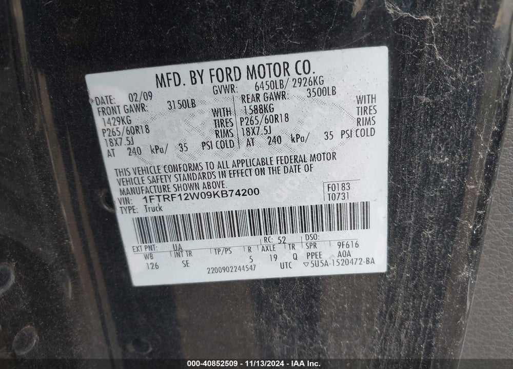 2009 FORD F-150 STX/XL/XLT VIN: 1FTRF12W09KB74200