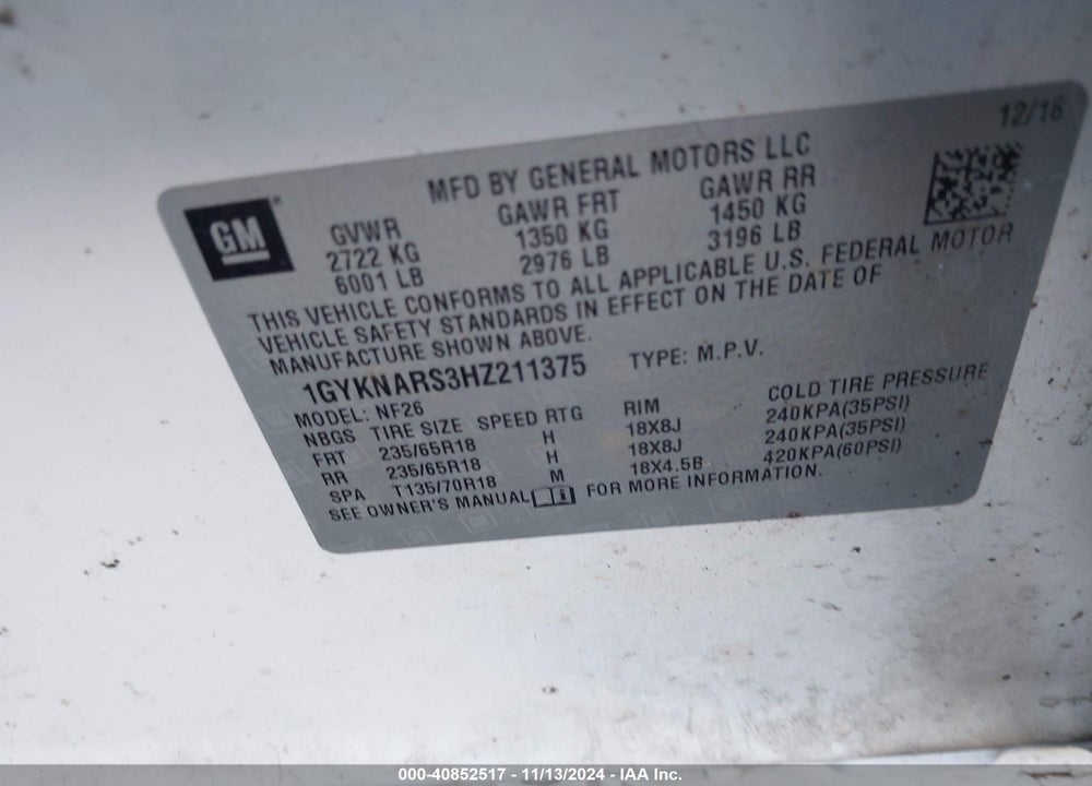2017 CADILLAC XT5 STANDARD VIN: 1GYKNARS3HZ211375