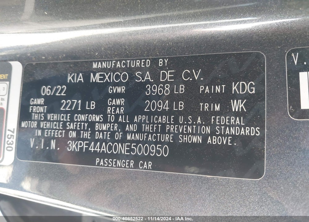 2022 KIA FORTE GT VIN: 3KPF44AC0NE500950