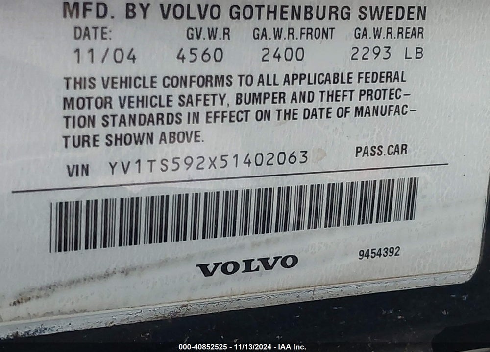 2005 VOLVO S80 2.5T VIN: YV1TS592X51402063
