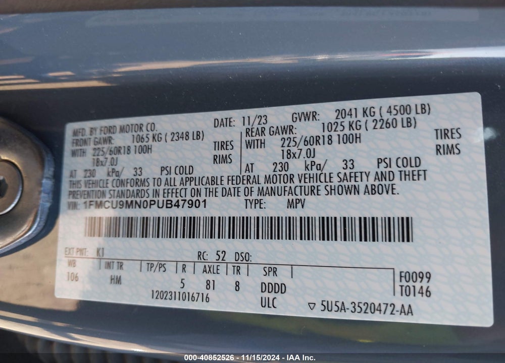 2023 FORD ESCAPE ST LINE VIN: 1FMCU9MN0PUB47901