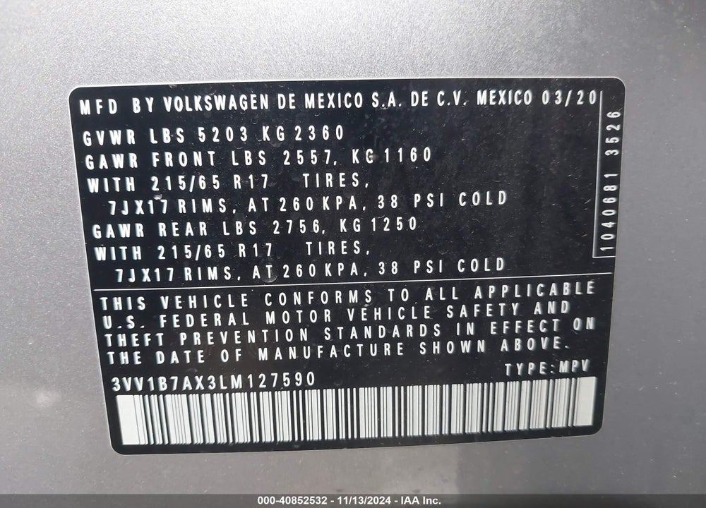2020 VOLKSWAGEN TIGUAN VIN: 3VV1B7AX3LM127590
