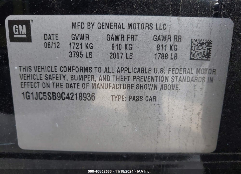 2012 CHEVROLET SONIC 2LT VIN: 1G1JC5SB9C4218936