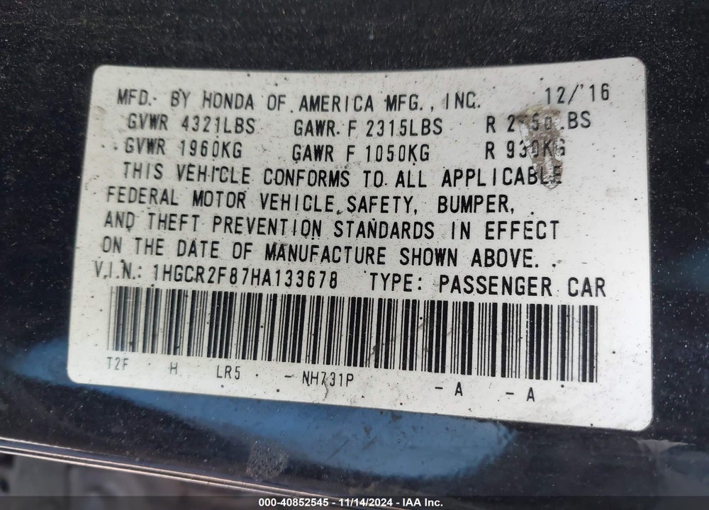 2017 HONDA ACCORD EX-L VIN: 1HGCR2F87HA133678